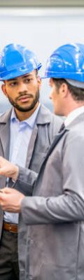 Two engineers talking while standing next to some machines in a factory. Two engineers talking while standing next to some machines in a factory.